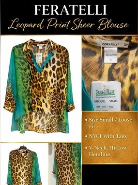 Feratelli Leopard Print Sheer Blouse Green Brown Hi-Low V-Neck NWT S Vacation